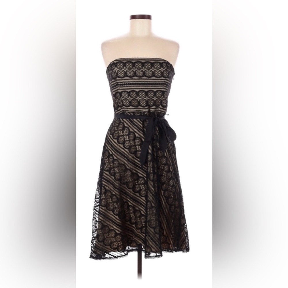 LOFT Black and Cream Strapless Lace Midi Dress